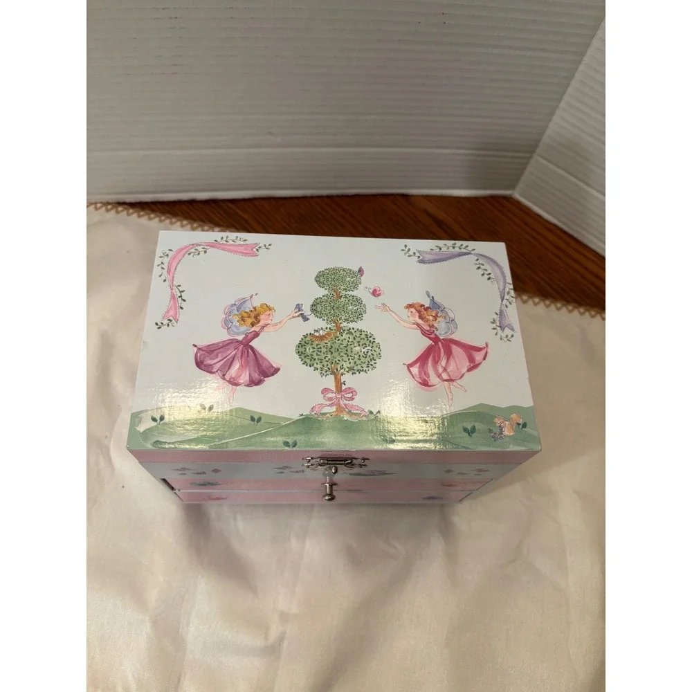 Fairy Garden Musical Jewelry Box with Spinning Ballerina and Two Drawers Pink